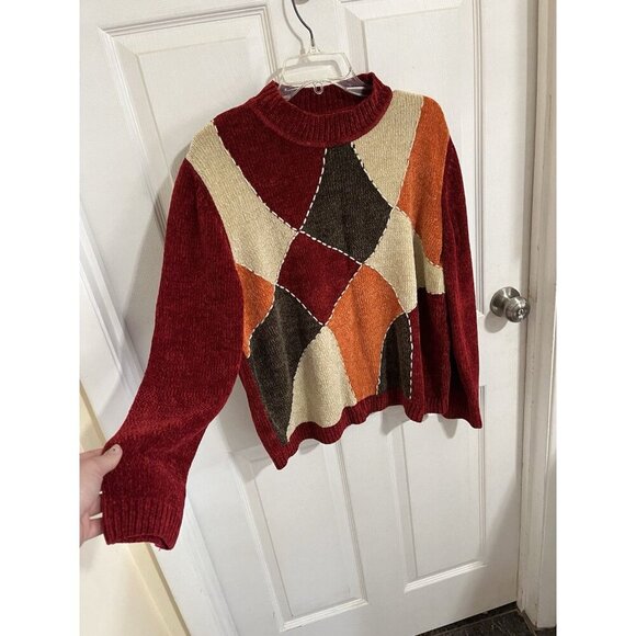 Alfred Dunner Women's XL Retro Chenille Patchwork Style Knit Sweater Red - Picture 2 of 4